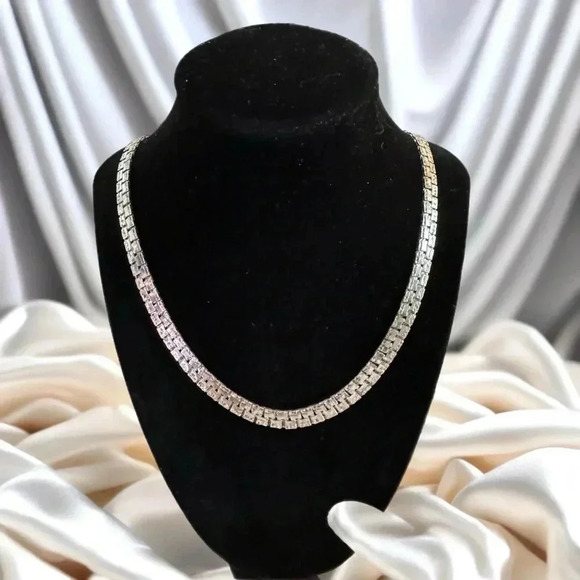 Vintage Silver Tone Textured Chain Link Glam Necklace Statement Piece 24” - Picture 3 of 7